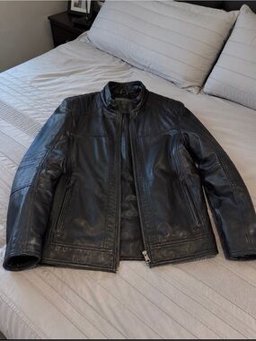 Andrew Marc Black Leather Bomber Jacket